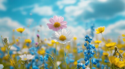 Obraz premium Bright meadow filled with blooming daisies under a clear blue sky