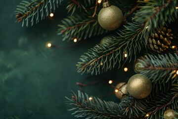 Fototapeta premium Gold Christmas Ornaments on a Green Christmas Tree: A Festive and Elegant Holiday Display with Seasonal Sparkle and Christmas Charm