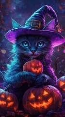 Fototapeta premium Black cat wearing a purple witch hat sits among glowing jack-o'-lantern pumpkins in a spooky forest at night.