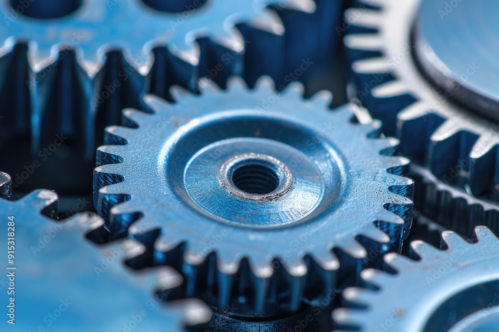 Poster a detailed view of interlocking gears and machinery parts