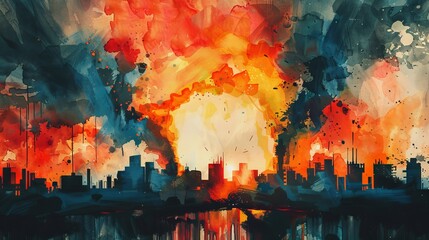 Nuclear war the end of the world apocalyptic doomsday watercolor paints art background