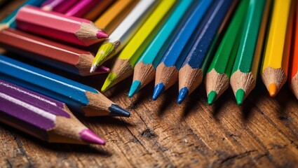 Fototapeta premium Colorful pencils laid out on wooden table in a row