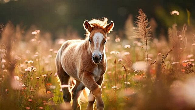 Wild brown horse and foal in a green field