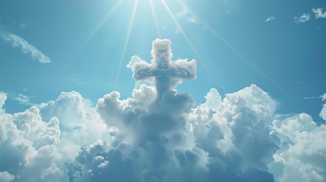 A cloud in the sky that is shaped like a Christian cross. Cross from fluffy cloud. God's rays