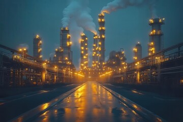 industrial complex at night illuminated pipelines steam rising intricate network of pipes and towers moody dark sky petrochemical plant ethereal glow