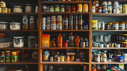 A fully stocked pantry with neatly arranged canned goods and jars, displaying an array of colors and labels, evoking feelings of preparedness and comfort.