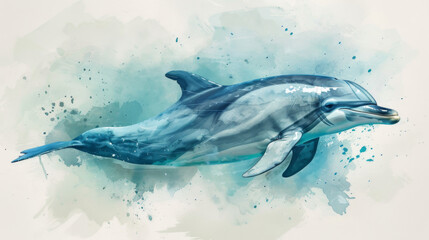 A beautiful watercolor illustration of a dolphin swimming, highlighted with blue tones and artistic splashes.