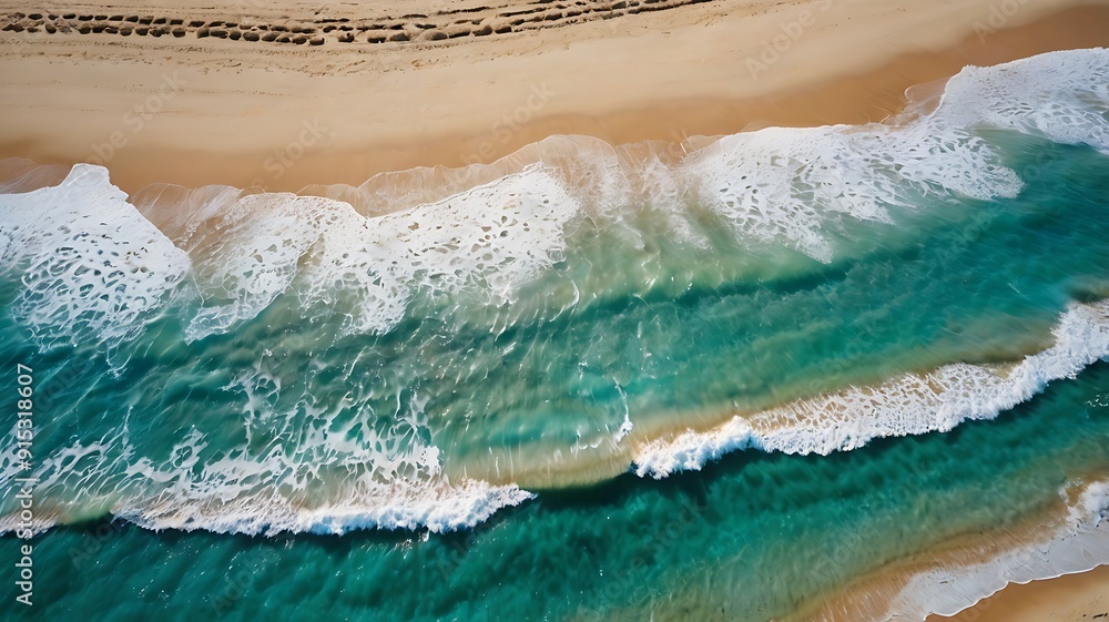 Wall mural sea shore view from top, waves of water coming to coastline in different directions on a sunny summe