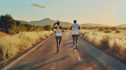 Obraz premium A joyful pair running on a scenic road at sunset, surrounded by a picturesque landscape of tall grass and mountains.