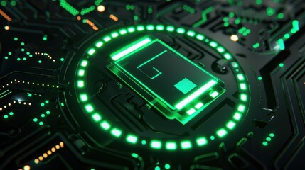 Fototapeta premium Abstract representation of a futuristic circuit board with a glowing green battery icon at the center, surrounded by intricate patterns and lights