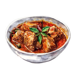 Vindaloo : Spicy Indian curry made with pork or other meats and hot spices, colorful, full body, isolate on white background, watercolor illustration