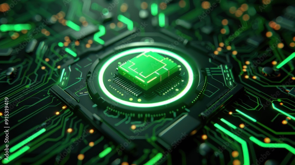 Poster futuristic green microchip on a dark circuit board background, illuminated with glowing patterns, sh