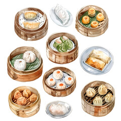 Dim sum : Small Chinese dishes that come in a variety of forms, such as dumplings, buns, and siu mai, isolate on white background, watercolor illustration.