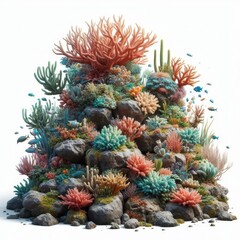 A tropical coral reef on rocks isolated on a white background
