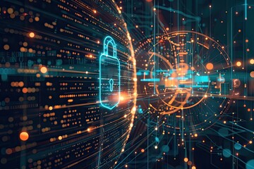 Obraz premium A digital padlock overlaying a complex network, representing the concept of cybersecurity