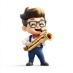 Naklejka premium Cartoon character happily playing a saxophone at a lively music gig