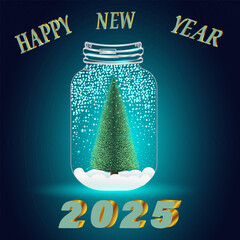 Happy New Year 2025. Christmas tree in a jar with falling snow. Modern design and style for New Year 2025 celebration. Elegant and beautiful poster designs. Premium vector design for poster, card, cal