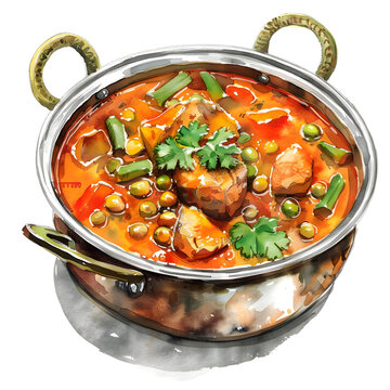 Dhansak : Indian curry made with meat, lentils, and vegetables, with a mild sweet flavor, colorful, full body, isolate on white background, watercolor illustration
