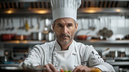 A professional chef prepares fresh ingredients in a bustling kitchen during lunchtime for eager diners