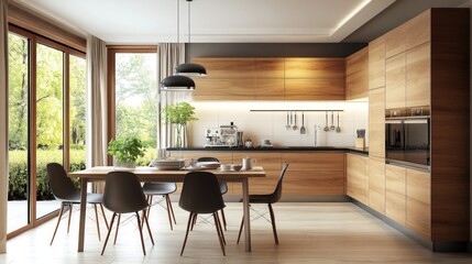 A modern, open-plan kitchen with a sleek dining table, set with a simple centerpiece and elegant dishware. The room is bright and sophisticated.