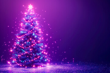 A colorful Christmas tree with lights is lit up in the dark