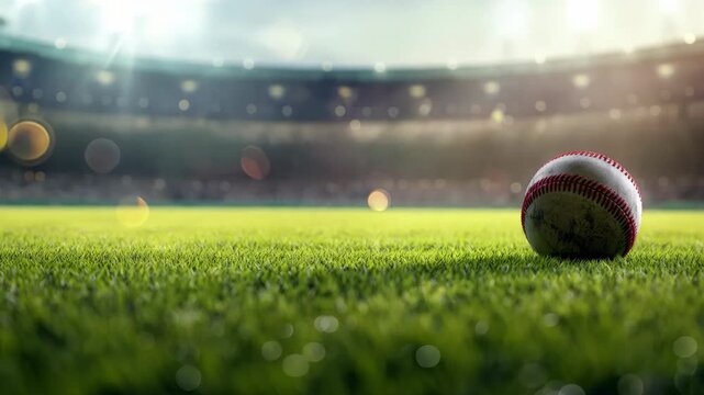 Baseball on field in illuminated stadium at night, sports and competition concept
