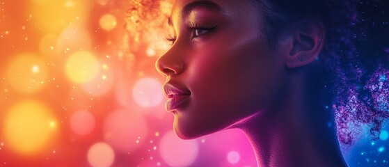 A vibrant portrait showcasing a profile of a woman against a colorful, bokeh background, highlighting beauty and diversity.