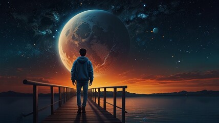 Digital artwork featuring a surreal scene with a young person standing on a wooden pier extending into a calm body of water celestial bodies are scattered across the sky,