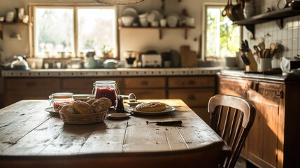 A rustic kitchen with a wooden dining table, set with homemade bread and jam. The space feels lived-in and full of warmth.