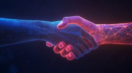 Digital handshake between a human and a robotic hand representing technology, artificial intelligence, and partnership in a dark background.