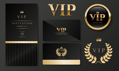 VIP invitation card, banner or flyer with golden elements on black background. Minimalistic Luxury premium design set for event invite, celebration party, formal reception.