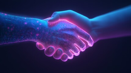 Futuristic human and AI handshake with glowing neon lights, symbolizing technology and collaboration.
