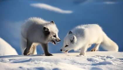 Obraz premium Two Arctic foxes playfully frolicking in the snow.