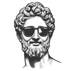 Fototapeta premium classical statue wearing sunglasses, ancient art with a modern, stylish twist sketch engraving generative ai fictional character vector illustration. Scratch board imitation. Black and white image.