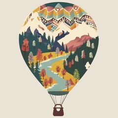 A Hot Air Balloon with a Mountain and Forest Landscape Inside