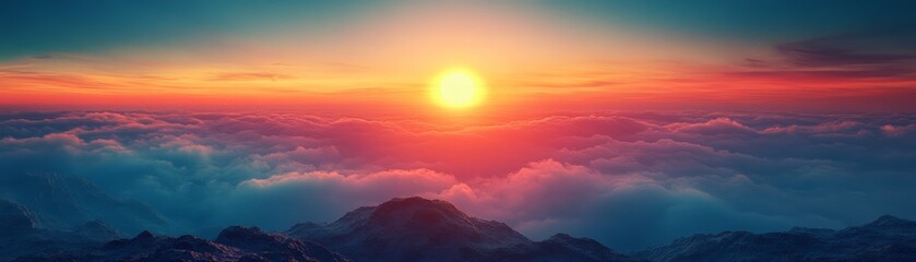 Obraz premium Breathtaking sunset over the mountains, with vibrant colors illuminating the sky and clouds, creating a serene landscape.