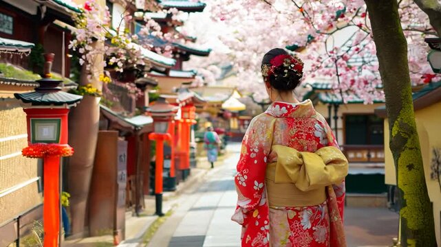 Geisha walking under cherry blossoms in Kyoto, traditional Japanese culture and spring scenery