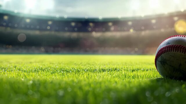 Baseball on field in illuminated stadium at night, sports and competition concept