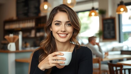 A beautiful attractive woman is in cafe