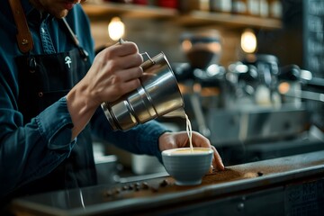 Naklejka premium Barista Pouring Milk into Coffee