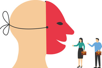 Dishonest businessman hiding behind disguise mask pretend to lying. Lies, fraud or fake, business cheating or suspicion false. Flat vector illustration.

