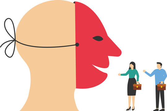 Dishonest businessman hiding behind disguise mask pretend to lying. Lies, fraud or fake, business cheating or suspicion false. Flat vector illustration.

