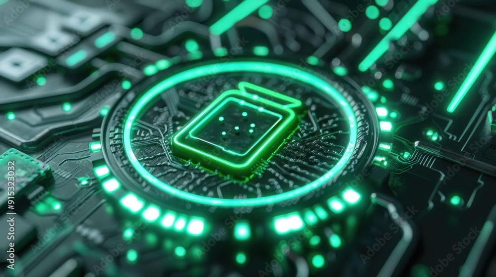 Poster futuristic green circuit board with glowing elements and a central chip symbolizing technology and i