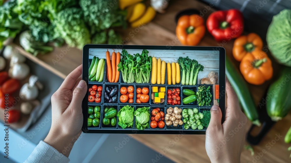 Poster a person holding a tablet with the screen showing various vegetables in each row
