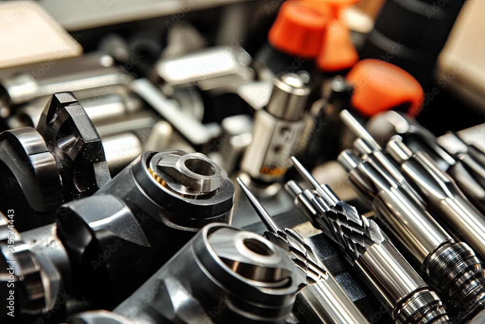 Aufkleber close-up view of precision machining tools arranged on a workshop table in a well-lit industrial set