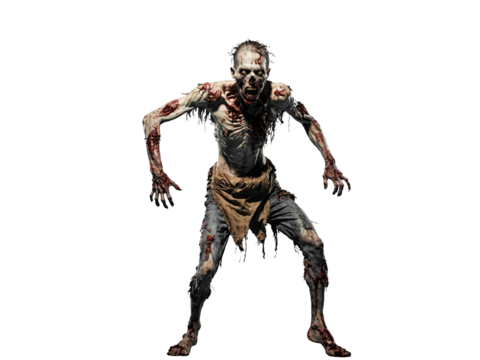 Terrifying zombie stumbles forward, showcasing decayed features and tattered clothes on isolated white background