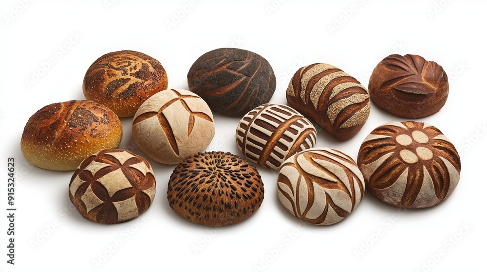 Poster a row of breads with different designs and colors. the breads are arranged in a line, with some of t
