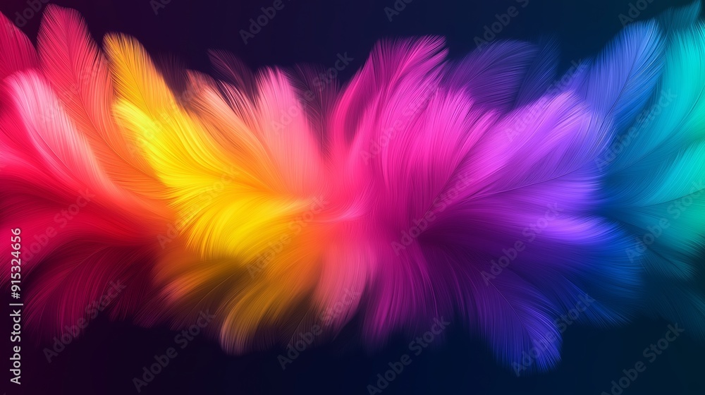 Poster a colorful explosion of feathers with a rainbow of colors. the feathers are scattered and appear to 