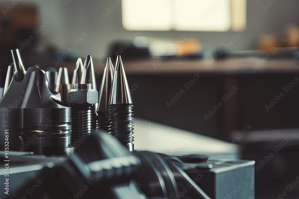 Poster close-up of precision machining tools in a workshop during daylight