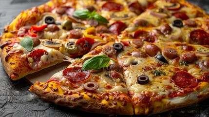 Deliciously crafted pizza topped with pepperoni, olives, and fresh basil on a wooden table at dinner time